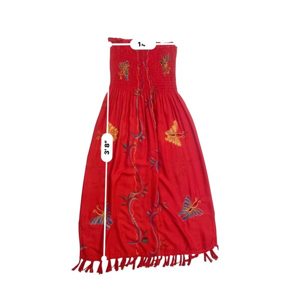 Red Strapless Smocked Maxi Dress W/ Butterfly Embroidery & Tassel Hem OS - Picture 3 of 7